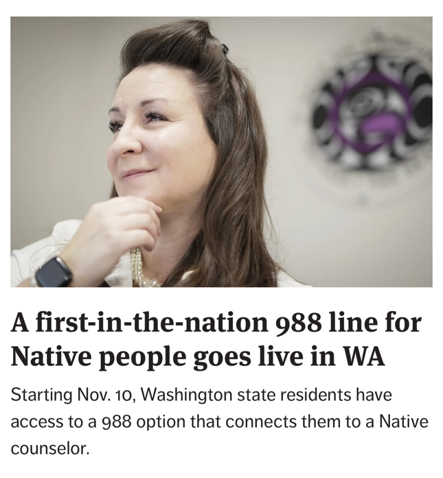 Launch of First 988 Line for Native People in Washington State Rochelle Hamiliton, founder of Rochelle H Consulting, wearing a smartwatch and holding their hand near their face. Text below highlights the launch of a 988 line for Native people in Washington state.