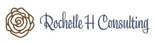 Logo of Rochelle H Consulting featuring a stylized brown cedar rose on the left and the company name in elegant blue script font on the right.
